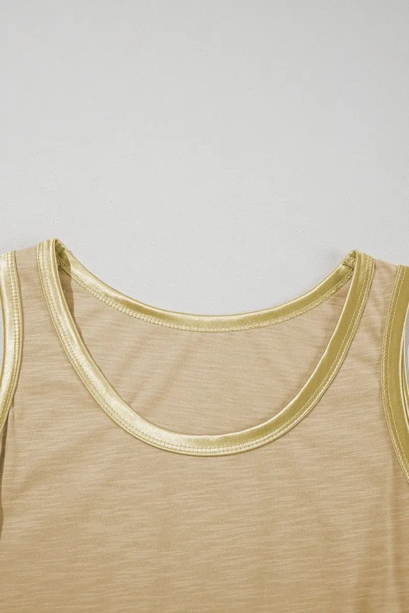 Tan Metallic Sheen Edge Scoop Neck Tank Top - Love Salve